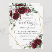 Marsala Burgundy Red Floral Gold Frame Wedding Einladung (Vorne/Hinten)