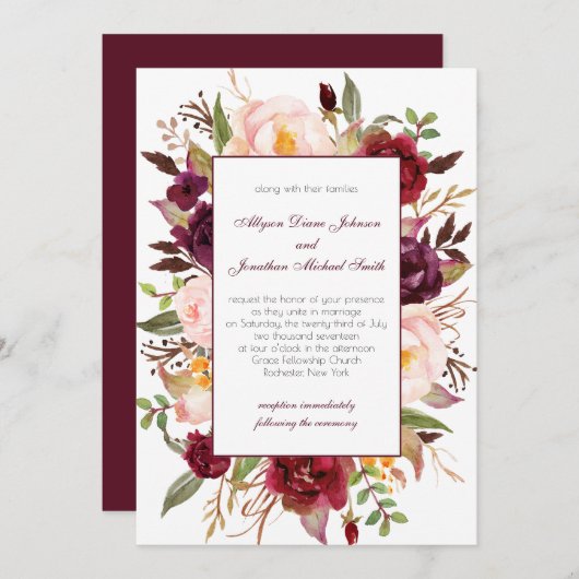 Marsala Burgundy Red White Roses Wedding Einladung (Vorne/Hinten)