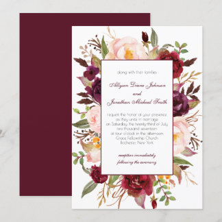 Marsala Burgundy Red White Roses Wedding Einladung