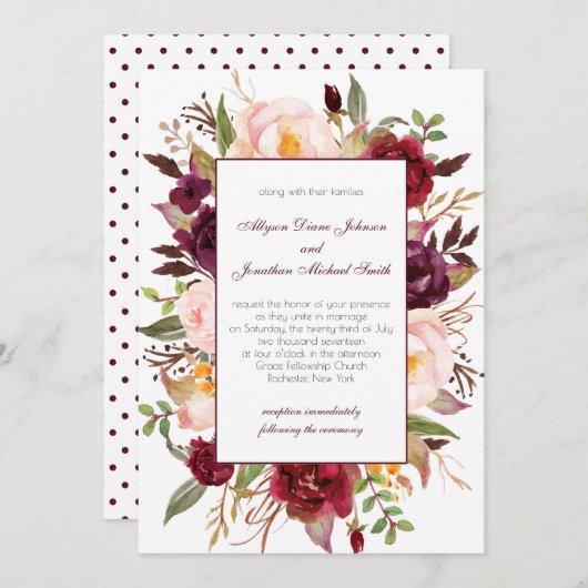 Marsala Burgundy Red White Roses Wedding Einladung (Vorne/Hinten)