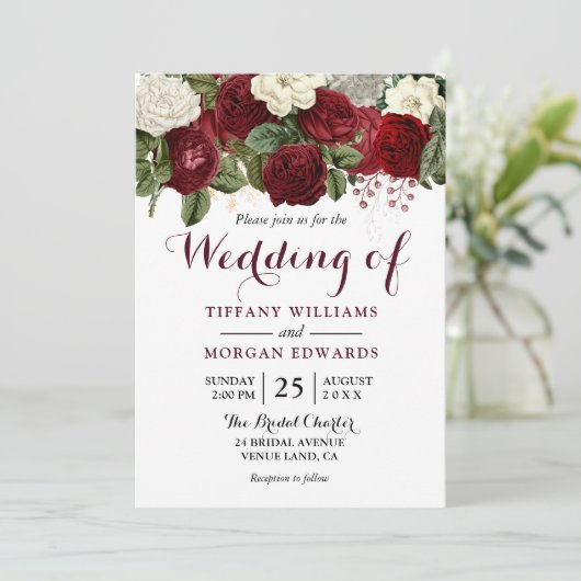 Marsala Burgundy Rote Rosen HerbstFrühjahrssehen Einladung (Stehend Vorderseite)