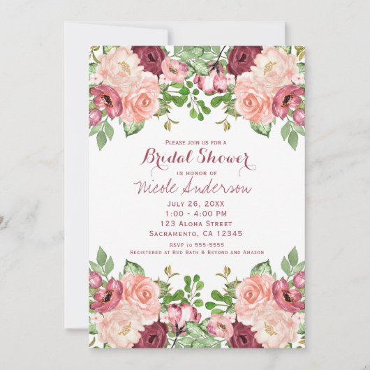 Marsala Burgundy Rustic Floral Glam Brautparty Einladung (Vorderseite)