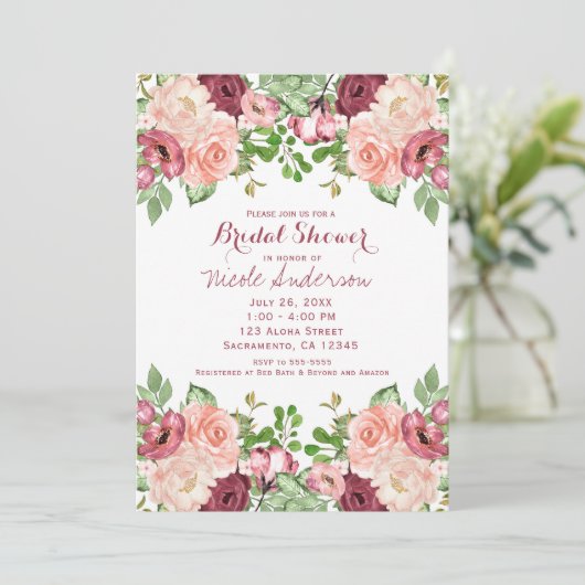 Marsala Burgundy Rustic Floral Glam Brautparty Einladung (Stehend Vorderseite)