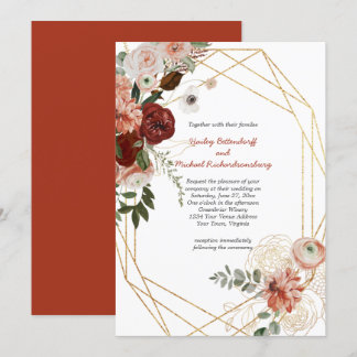 Marsala Burgundy Triple Gold Frame Floral Wedding Einladung