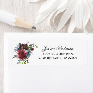 Marsala Burgundy und Blue Watercolor Floral