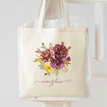 Marsala Burgundy Watercolor Personalisiert Tragetasche<br><div class="desc">Schöne personalisierte handgefertigte Aquarell lila und Maron Blume Anordnung Tasche mit Ihrem eigenen handgeschriebenen Kalligraphienamen.</div>