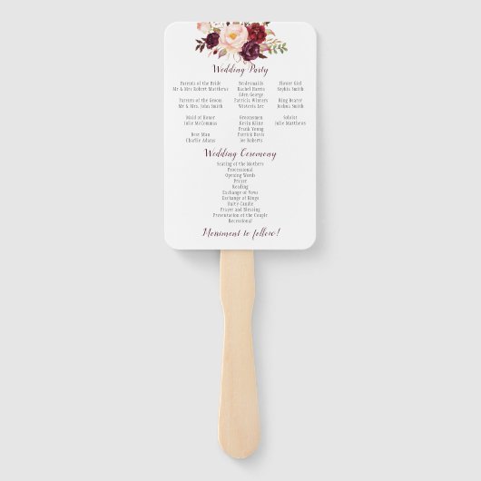 Marsala Burgundy Watercolor Rose Program Fans Fächer (Rückseite)