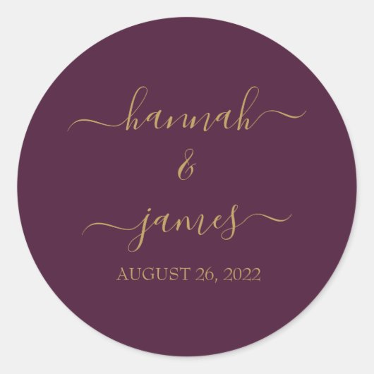 Marsala Burgundy Wine Gold Calligraphy Wedding Runder Aufkleber (Vorderseite)