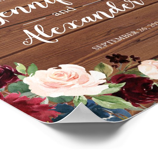 Marsala Burgundy Wood Floral Wedding Welcome Sign Poster (Ecke)