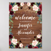 Marsala Burgundy Wood Floral Wedding Welcome Sign Poster (Vorne)