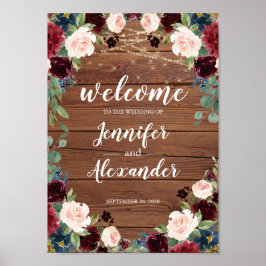 Marsala Burgundy Wood Floral Wedding Welcome Sign Poster