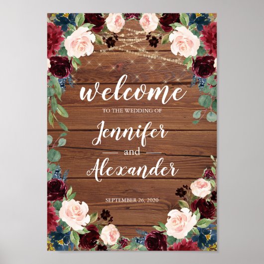 Marsala Burgundy Wood Floral Wedding Welcome Sign Poster (Vorne)