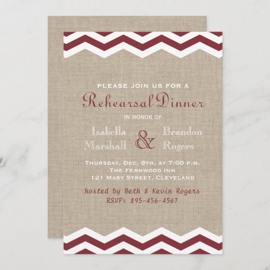 Marsala Chevrons zum Burlap Probe Dinner Einladung (Vorne/Hinten)