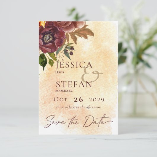 Marsala Clay & Yellow Bouquet Wedding Save The Date (Stehend Vorderseite)