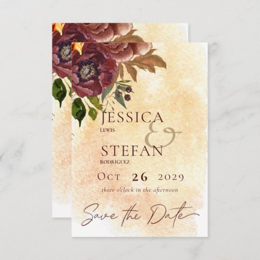 Marsala Clay & Yellow Bouquet Wedding Save The Date (Vorne/Hinten)