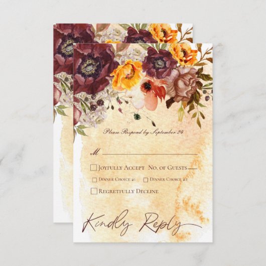 Marsala Clay & Yellow Bouquet Yellow Wedding RSVP Karte (Vorne/Hinten)
