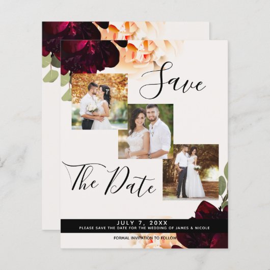 Marsala & Cream Floral Wedding Foto Save the Date (Vorne/Hinten)