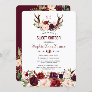 Marsala Floral Antlers Monogram Sweet 16 Einladung
