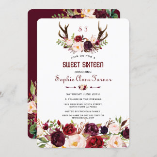 Marsala Floral Antlers Monogram Sweet 16 Einladung
