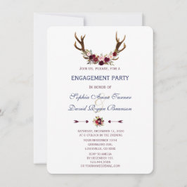 Marsala Floral Antlers Navy Blue Engagement Party Einladung