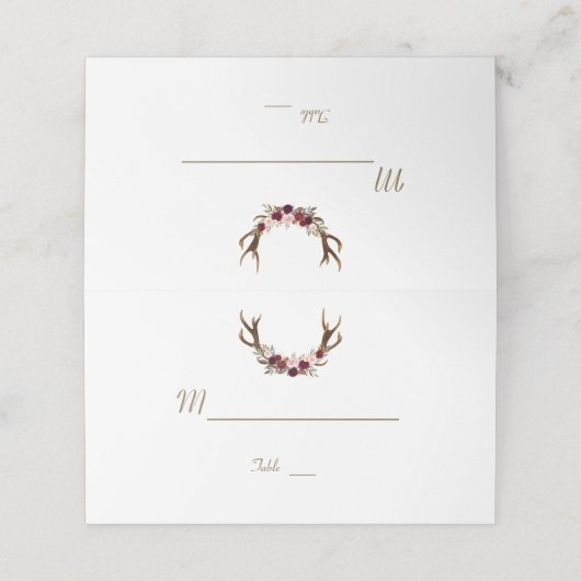 Marsala Floral Antlers Navy Blue Fall Tischnummer Platzkarte (Außenseite Aufgefaltet)