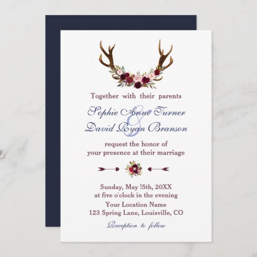 Marsala Floral Antlers Navy Blue Hochzeit im Herbs Einladung (Vorne/Hinten)
