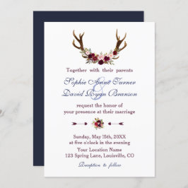 Marsala Floral Antlers Navy Blue Hochzeit im Herbs Einladung