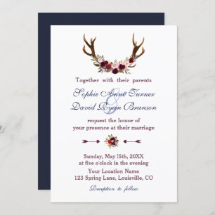 Marsala Floral Antlers Navy Blue Hochzeit im Herbs Einladung