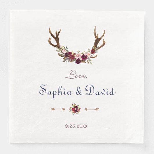 Marsala Floral Antlers Navy Blue Hochzeit im Herbs Serviette (Vorderseite)