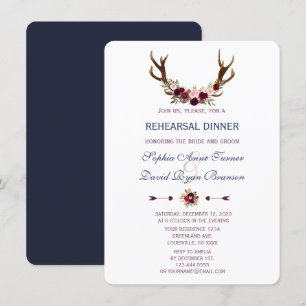 Marsala Floral Antlers Navy Blue Probe Dinner Einladung