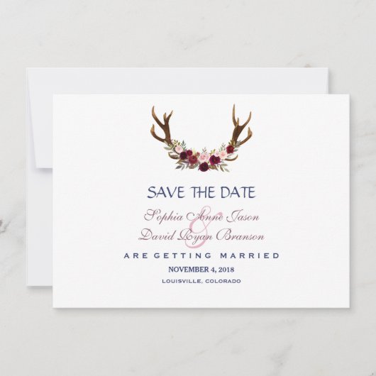 Marsala Floral Antlers Navy Blue Save the Date (Vorderseite)
