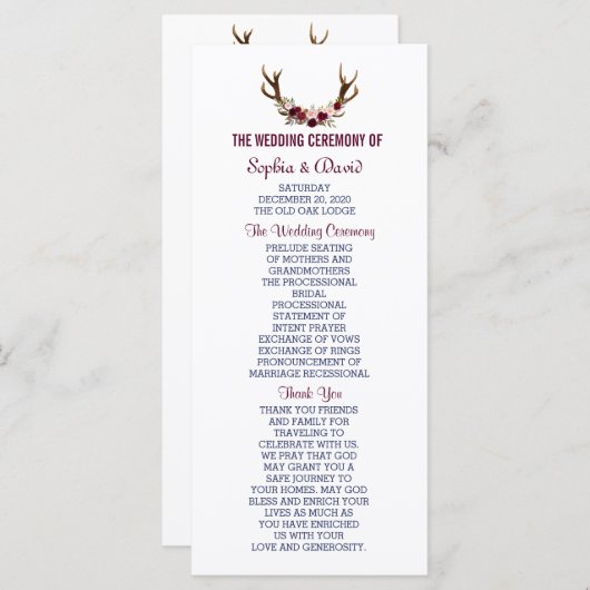 Marsala Floral Antlers Navy Blue Wedding Program Programm (Vorne/Hinten)