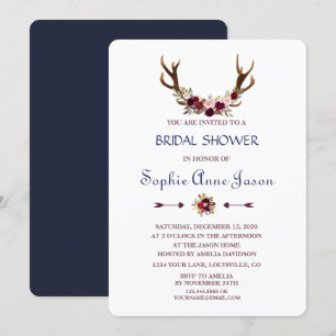 Marsala Floral Antlers Navy Fall Brautparty Einladung