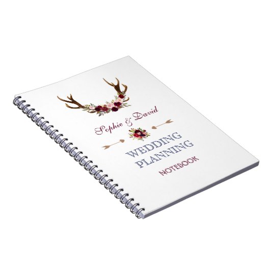 Marsala Floral Antlers Navy Hochzeitsplaner Notizblock (Rechte Seite)