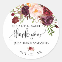 Marsala floral boho schicke Hochzeit danke Runder Aufkleber