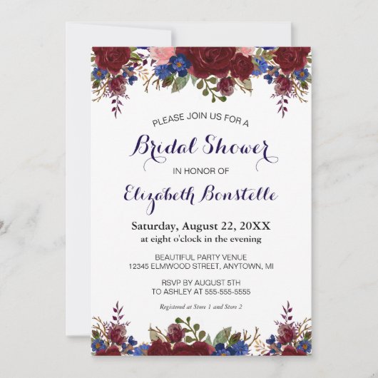 Marsala Floral Brautparty Einladung (Vorderseite)