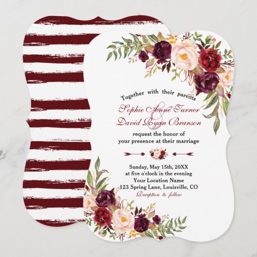 Marsala Floral Burgundy Stripes Wedding Einladung (Vorne/Hinten)