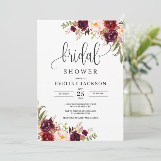 Marsala Floral Corners Bridal Dusche Einladung (Stehend Vorderseite)