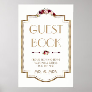 Marsala Floral Gold Hochzeit im Herbst Guest Book  Poster