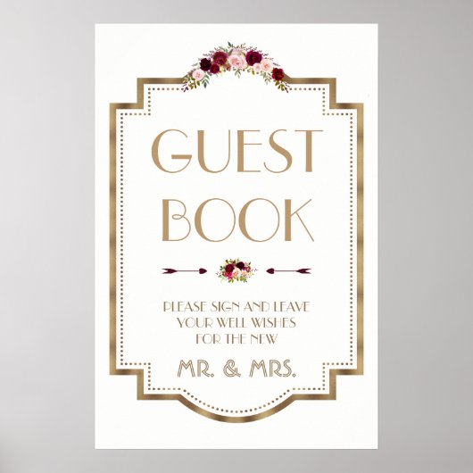 Marsala Floral Gold Hochzeit im Herbst Guest Book  Poster (Vorne)
