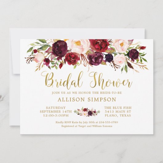 Marsala Floral Herbst Gold Brautparty Card Einladung (Vorderseite)