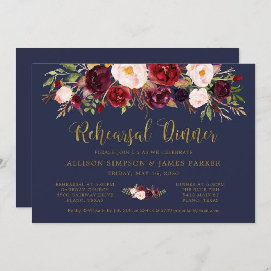 Marsala Floral Herbst Gold Probe Abendessen Karte (Vorne/Hinten)