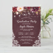 Marsala Floral Lace String Lights Foto Abschluss Einladung (Stehend Vorderseite)