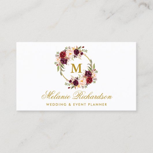 Marsala Floral Monogram Gold Visitenkarte (Vorderseite)