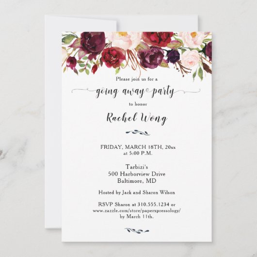 Marsala Floral Moving Away Party Foto Einladung (Vorderseite)