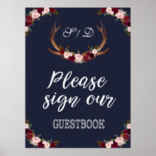 Marsala Floral Navy Blauer Sign Unser Gästebuchssy Poster