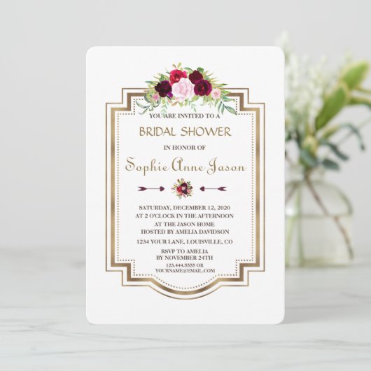 Marsala Floral Navy Blue Gold Fall Brautparty Einladung (Stehend Vorderseite)