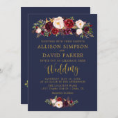 Marsala Floral Navy Herbst Hochzeitskarte Einladung (Vorne/Hinten)