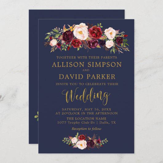 Marsala Floral Navy Herbst Hochzeitskarte Einladung (Vorne/Hinten)