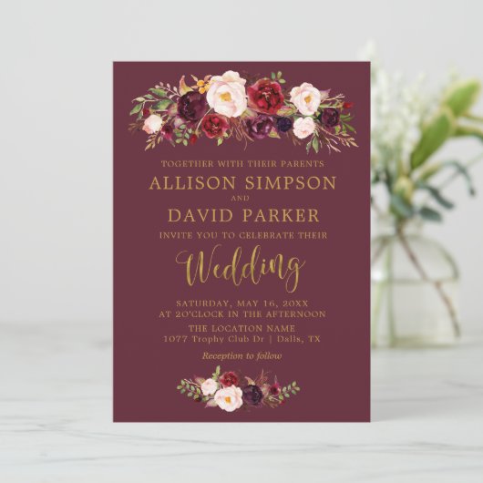 Marsala Floral Navy Herbst Hochzeitskarte Einladung (Stehend Vorderseite)